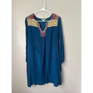 Sundance Embroidered Dress Women's Small‎ Blue Boho Peasant Long Sleeve